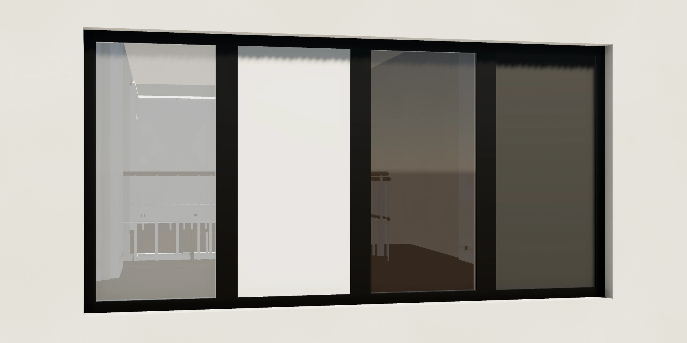 The four panes over the entry, each in its own state: clear, opaque, tinted, closed