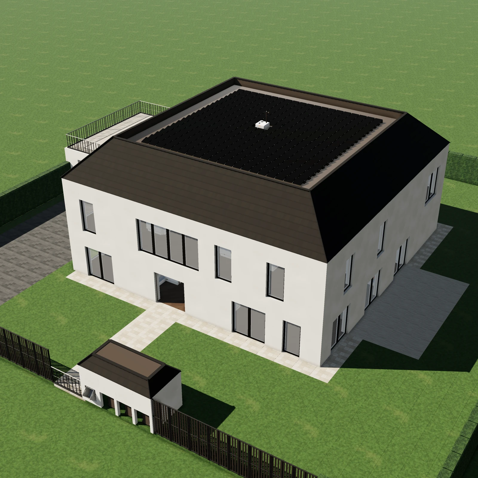 The house from the front right and above: two storeys in white, the tiled roof around its solar field, the plot hub at the street, the garage terrace, the garden in its hedge