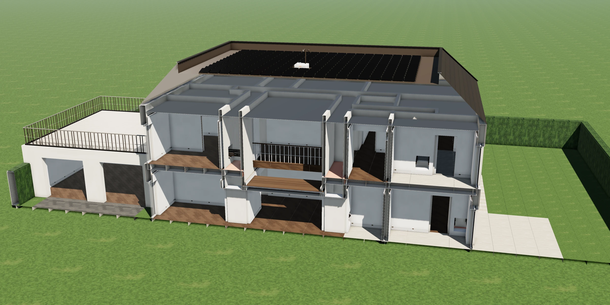 The house cut open across both storeys: the rooms, the slabs, the track at the top of each storey, the solar field on the roof
