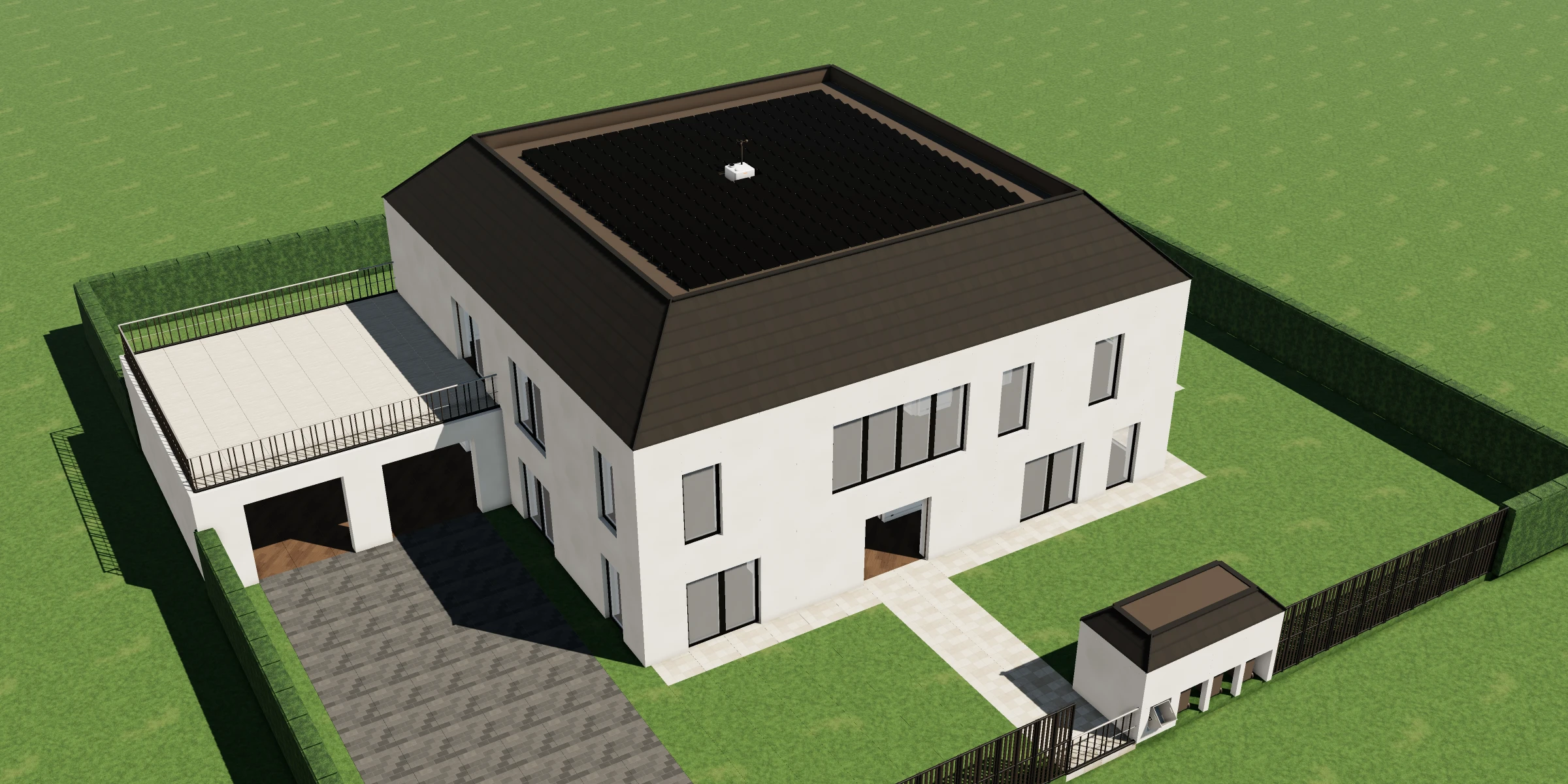 The house from above in its garden: two storeys in white under a dark tiled roof with a field of solar panels, the garage with its terrace on the left, the street hub at the front gate, a hedge all round