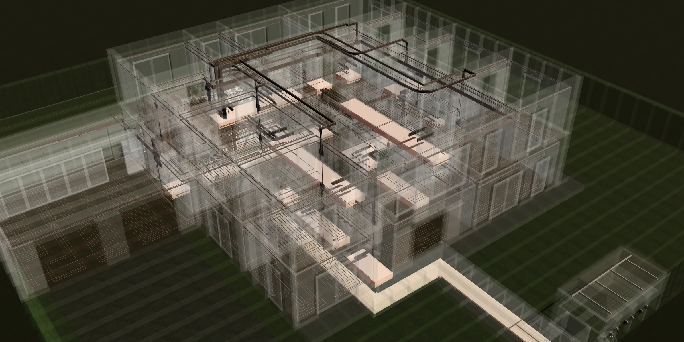 The house see-through: the storage arm's track through both storeys, the storage, the tunnel and every line home, solid