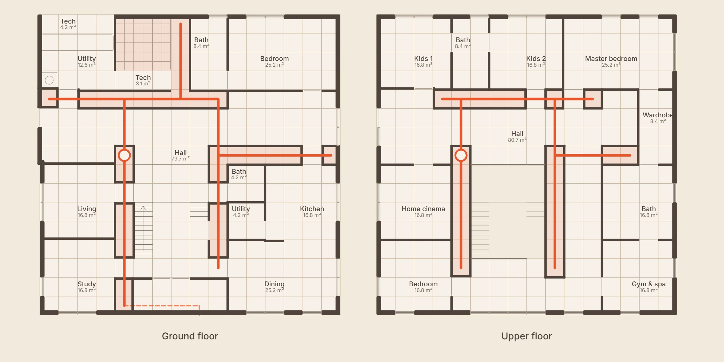 The ground floor and the upper floor side by side, every room named with its area, the storage arm's track in orange
