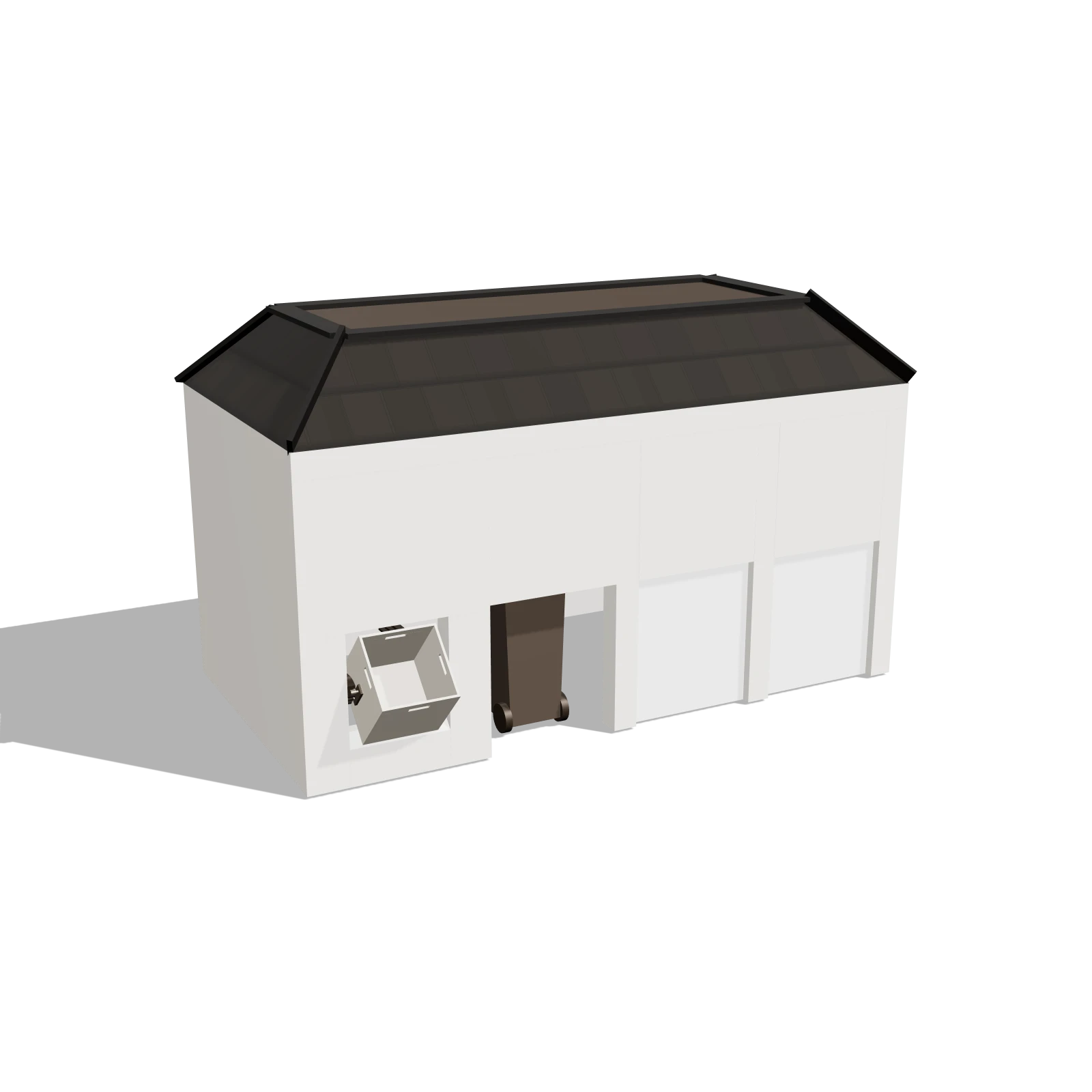 The plot hub at the street: a small white building with a tiled roof, the parcel opening on the left, three bin doors beside it