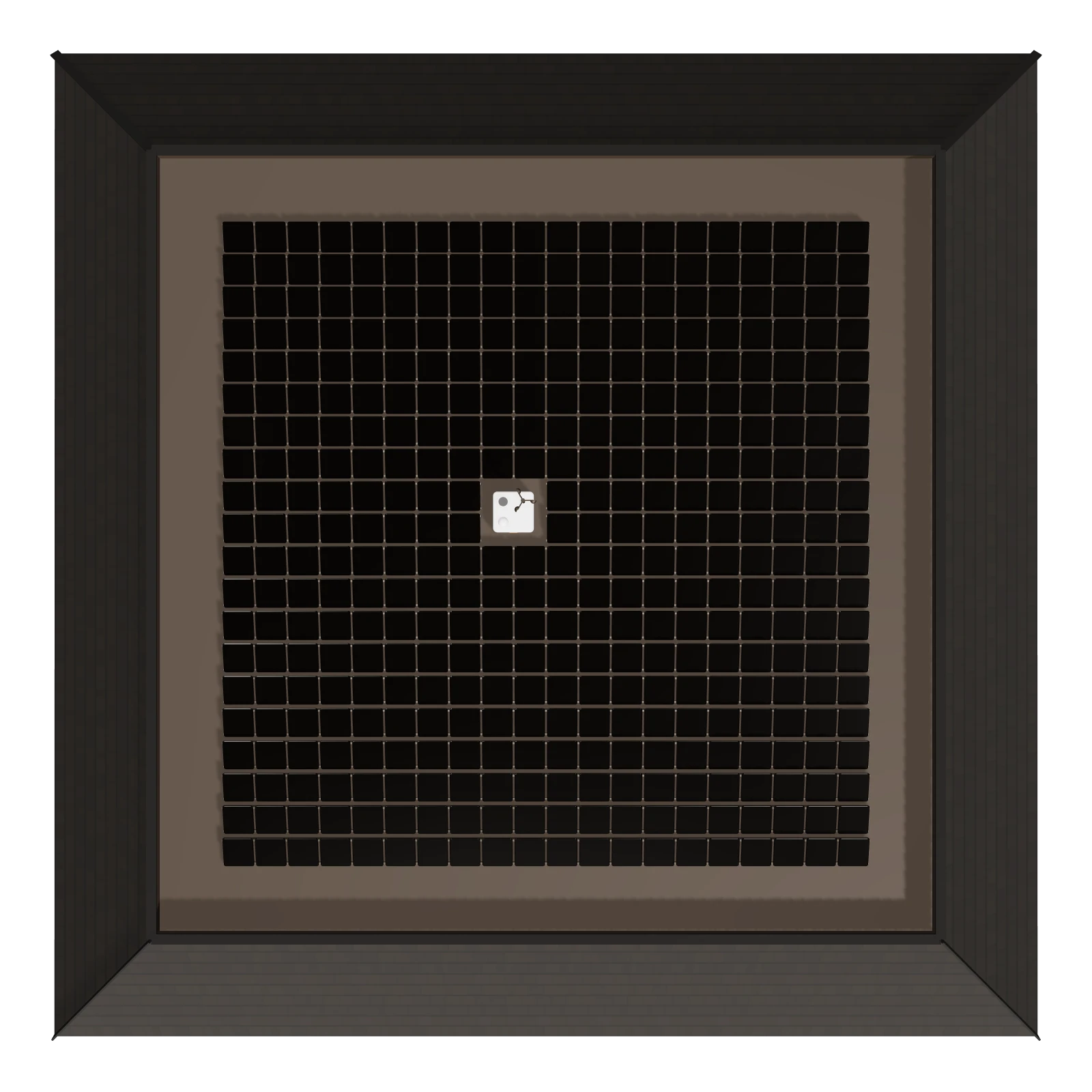 The roof from above: the tiled slope all round, the sunken flat inside it filled with solar panels, one white tile of sensors in the middle
