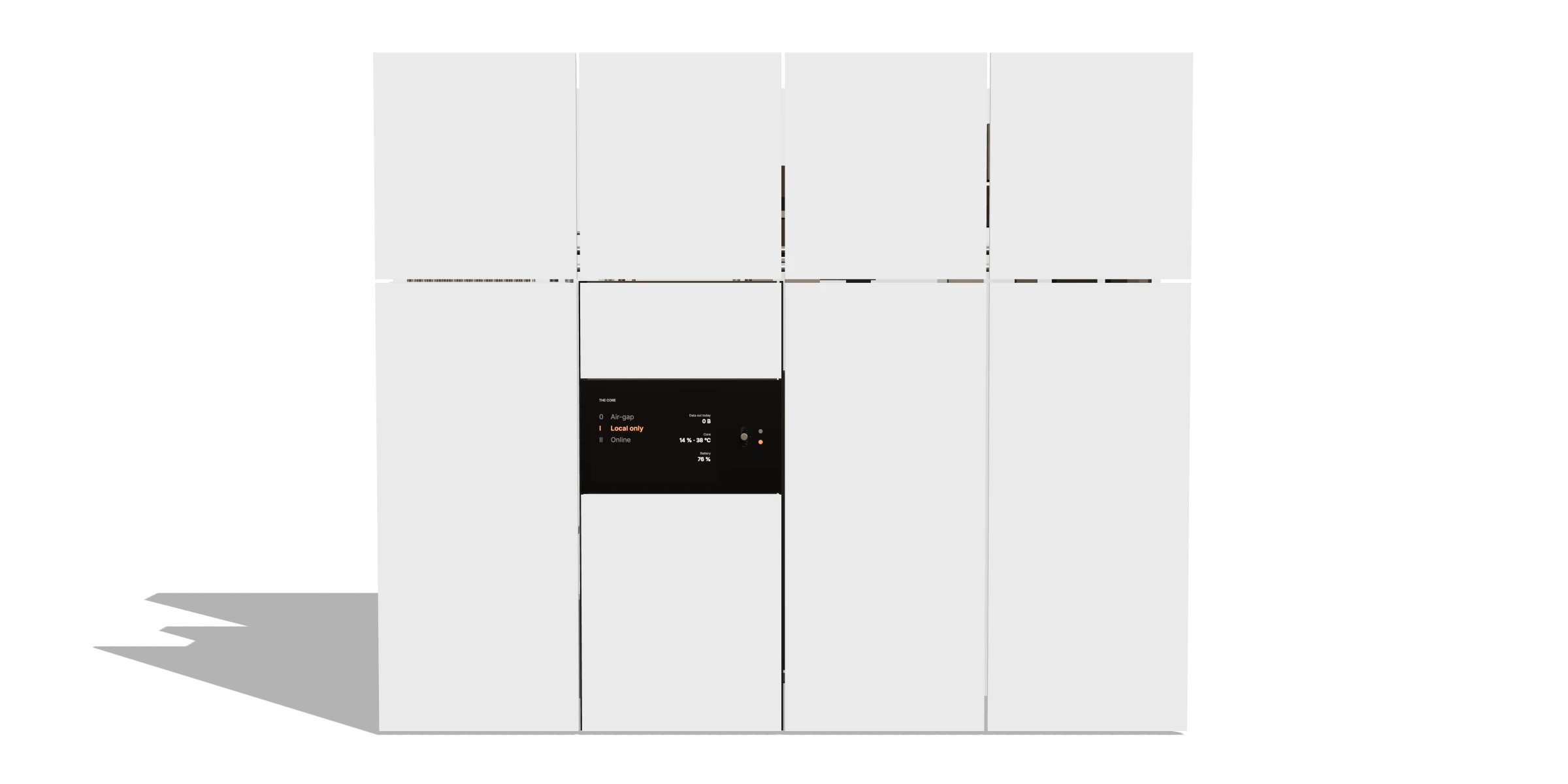 The tech wall from the front: white panels, the Core's console in the middle with its screen and the switch