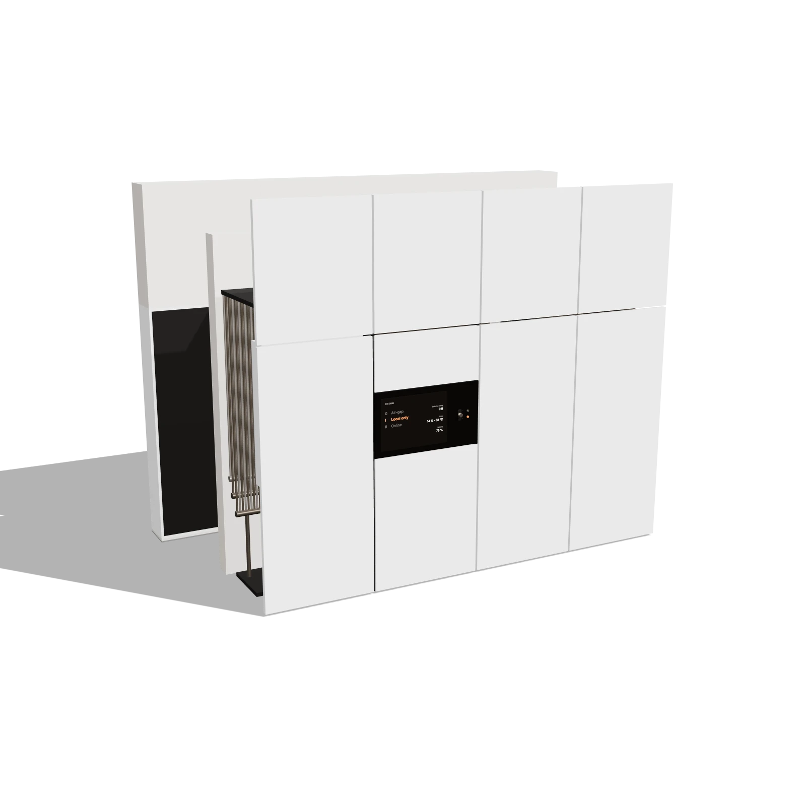 The tech wall of the utility room: white panels from floor to ceiling, the Core's black console in the middle, the heat pump's coil and the battery at the side