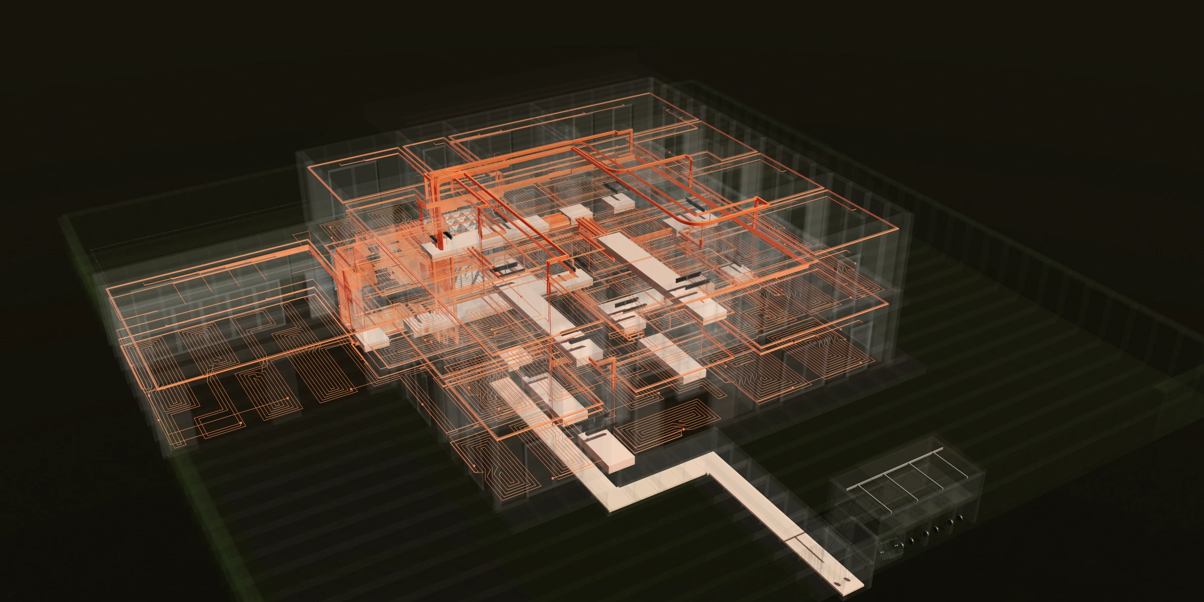 The house in X-ray: every line home to the utility room, the storage arms' tracks, the storage and the tunnel to the street